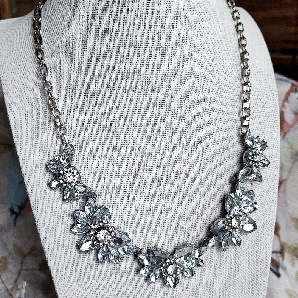 Blazing Teardrop Crystal Clear Rhinestones Silver Tone Statement Necklace